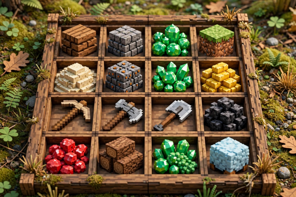 Lovely Craft Piston Trap inventory grid filled with resource blocks, gems and tools