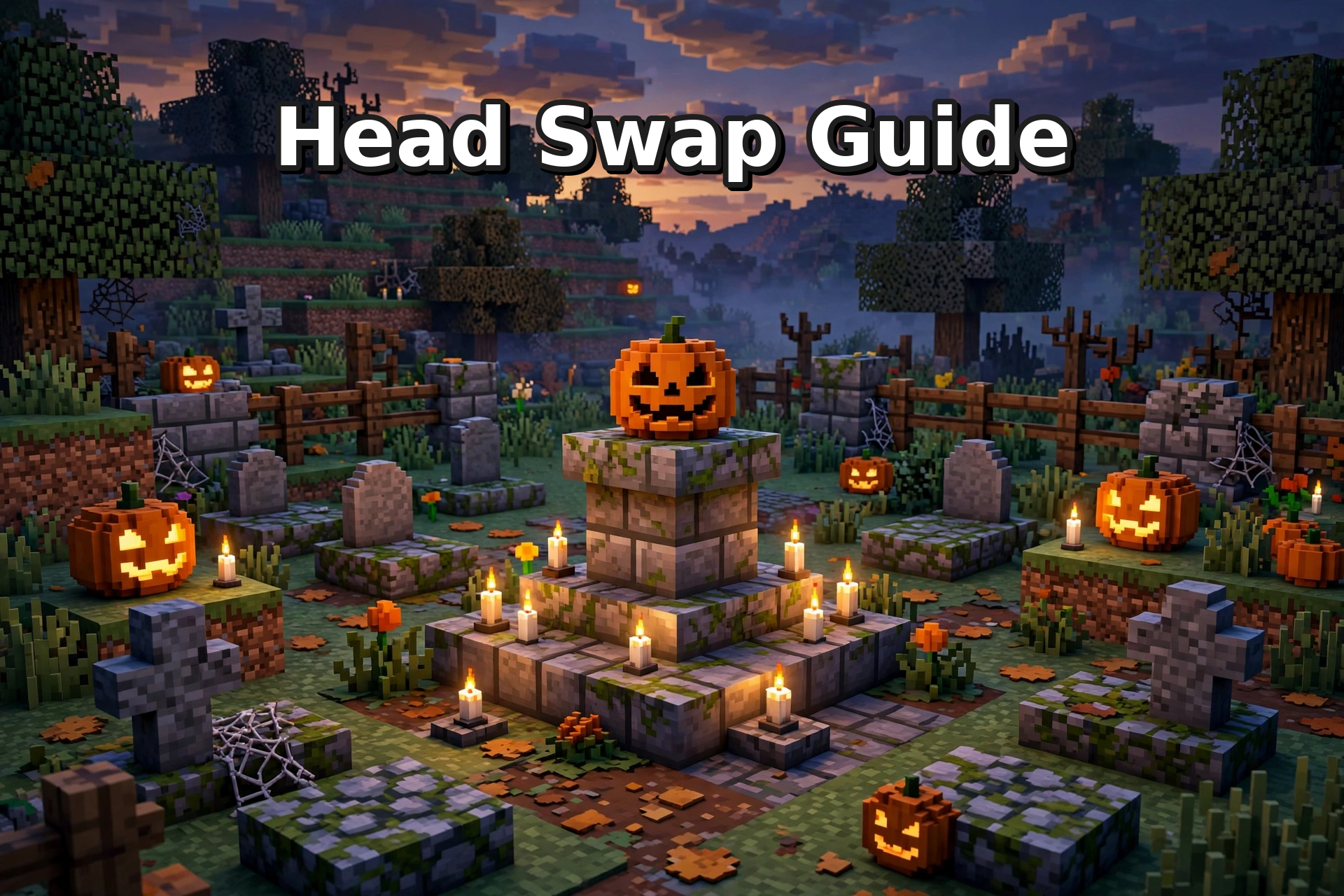 Lovely Craft Piston Trap head swap guide – voxel Halloween graveyard with a pumpkin helmet on a stone pedestal