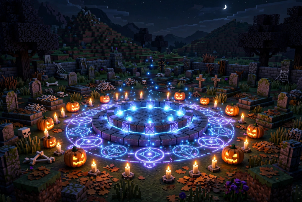 Lovely Craft Piston Trap glowing ritual circle with candles and carved pumpkins in a graveyard at night
