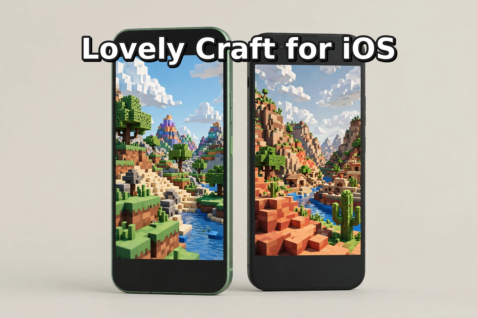 Lovely Craft Piston Trap for iOS – two smartphones showing the colorful voxel game world