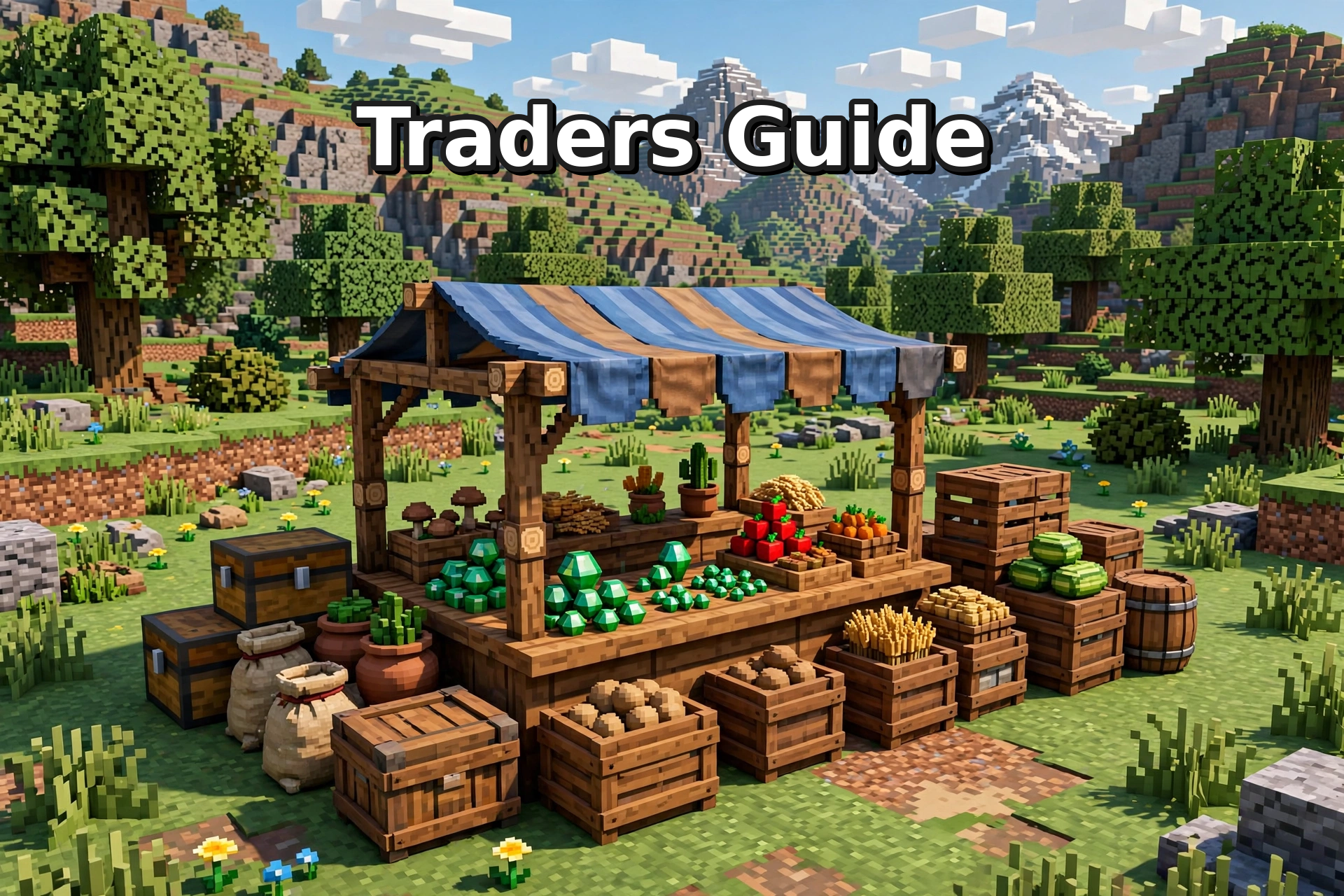 Lovely Craft Piston Trap traders guide – voxel market stall with emerald gems and crates