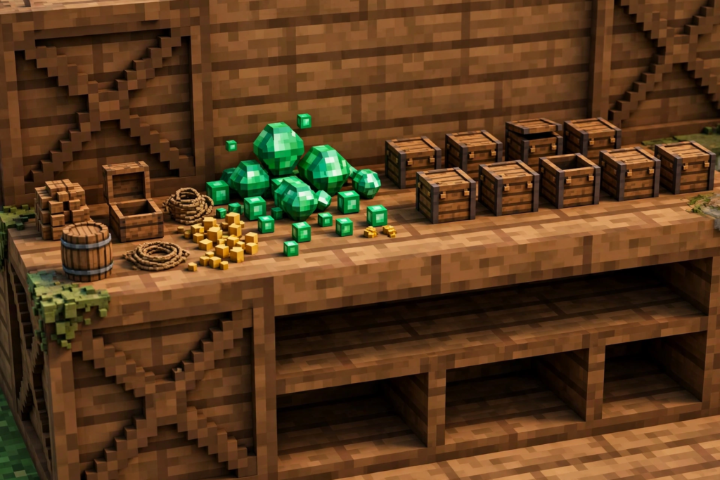 Lovely Craft Piston Trap wooden trade counter with emerald gems and item boxes